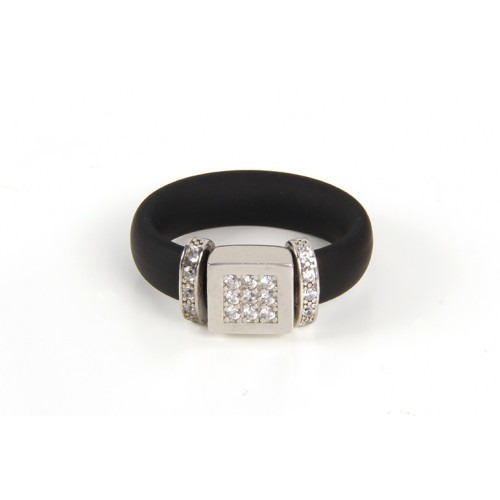 BAGUE NÉOPRÈNE NOIR, ARGENT, CZ, AN.CAU14-1/Z