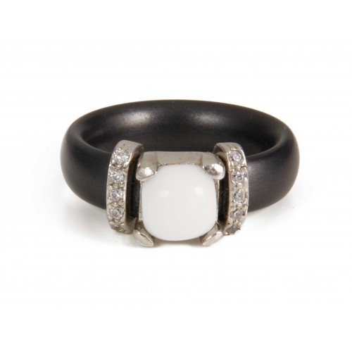 BAGUE NÉOPRÈNE NOIR, ARGENT, PIERRE SEMI-PRÉCIEUSE, CZ, AN.CAU7-J