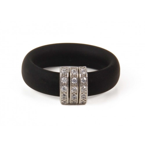 BLACK NEOPRENE RING, SILVER, CZ, ANB78-1