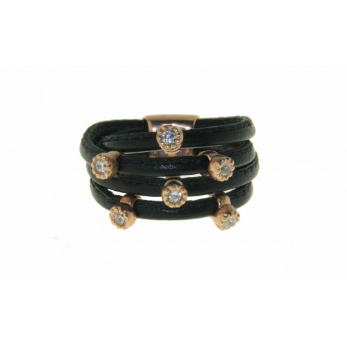 BLACK LEATHER RING, SILVER ELEMENT, CZ, ANB87-2