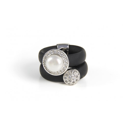 BAGUE NÉOPRÈNE NOIR, ARGENT, PERLE, CZ, ANC-N14