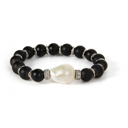 BRACELET AVEC ONYX ET PERLE BAROQUE, ARGENT, CZ, BR.5K