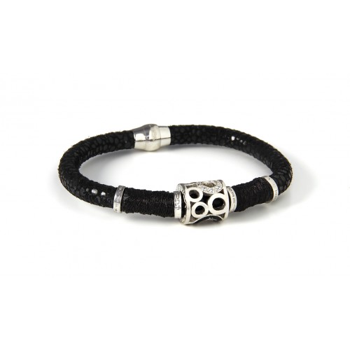 BRACELET NOIR ÉTAMPÉ, ARGENT, CZ, GRANITE NOIRE, BRB88-1